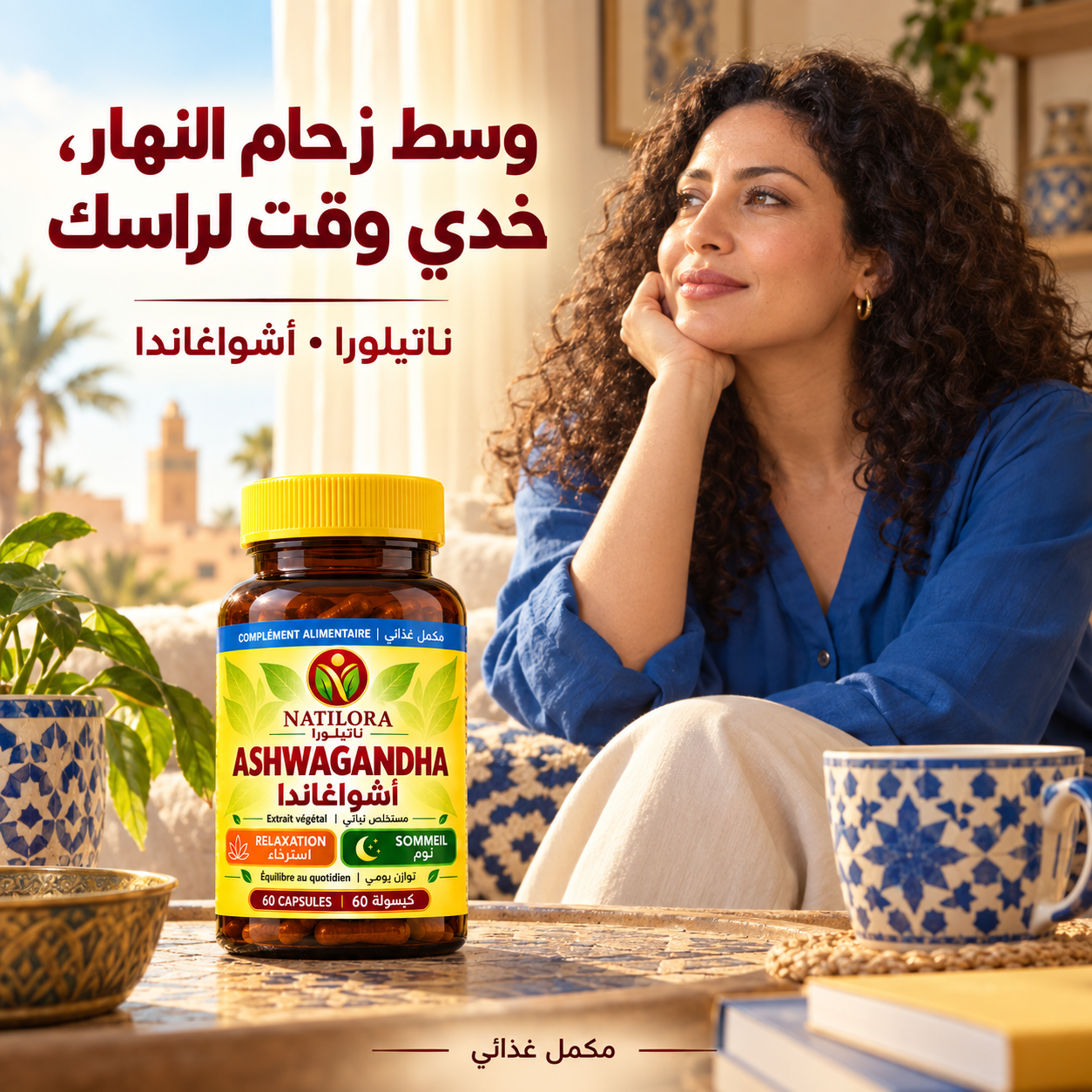امرأة مسترخية مع عبوة أشواغاندا ناتيلورا